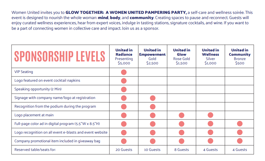 WU Glow Together Sponsorship Levels 2026